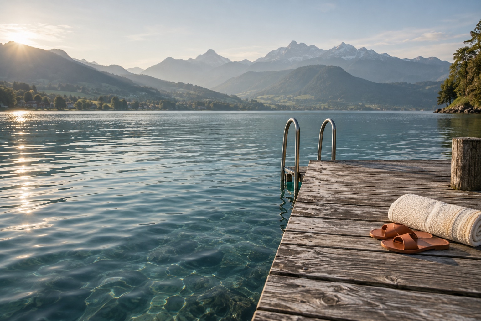 Holzsteg mit Badeleiter an einem ruhigen See vor einer Berglandschaft