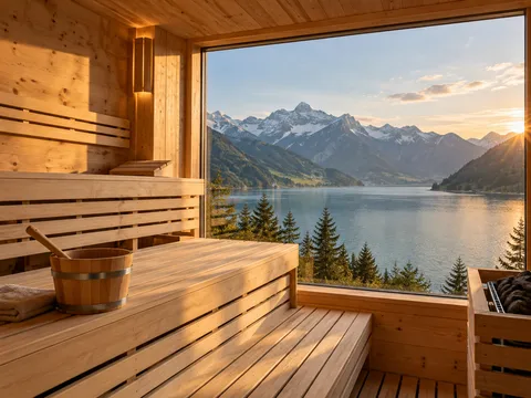 Illustration einer Sauna mit warmen Holzoberflächen